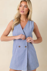 All In Line Blue Stripe Cotton Blend Double Breasted Romper