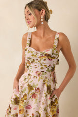 ASTR The Label Ciana Pink & Green Floral Linen Midi Dress