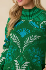 In All Honesty Green Multi Botanical Knit Mock Neck Sweater
