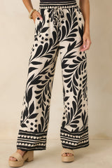 Palma Nights Black & Natural Botanical Print Wide Leg Pants
