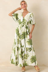 Under Swaying Palms Ivory & Green Tropical Flutter Maxi Dress