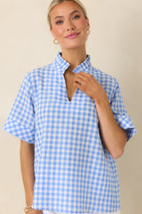 Plans in the Sunshine Blue Gingham Cotton V-Neck Top