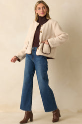 One More Thing Ivory Sherpa Fleece Contrast Trim Button Front Jacket