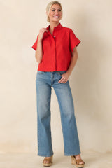Pretty In Power Red Cotton Linen Button-Front Mock Neck Top