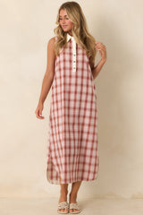 Small Town Story Pink Plaid Cotton Midi Dress