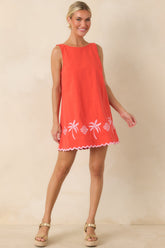 MINKPINK Amaya Coral Red & Pink Cotton Embroidered Mini Dress
