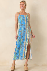 Sipping Under the Palms Blue Multi Tropical Print Bead Detail Midi Dress