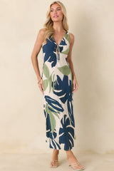 MINKPINK Azure Green & Blue Palm Leaves Key Hole Midi Dress