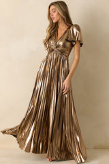 Chasing Stardust Bronze Metallic Pleated Maxi Dress