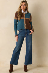 All About Now Brown and Teal Knit Color Block Cardigan Sweater