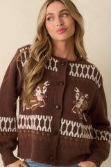 Doe Eyes Brown Deer Multi Print Crewneck Button Up Cardigan