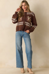 Doe Eyes Brown Deer Multi Print Crewneck Button Up Cardigan
