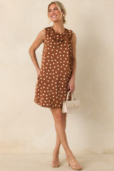 Love in Plain Sight Brown Polka Dot Bow Mini Shift Dress