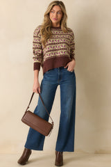 Guess What's Next Brown Multi Fair Isle Knit Crewneck Sweater