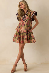 Word For Word Brown Multi Floral Print Cotton Mini Dress