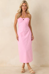 MINKPINK Gaia Pink Cotton Keyhole Detail Halter Midi Dress