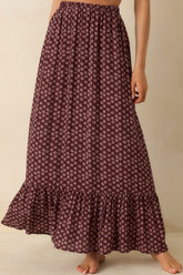 MINKPINK Sierra Burgundy Floral Ruffle Hem Maxi Skirt