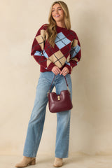 Check Back Later Burgundy Multi Argyle Knit Sweater