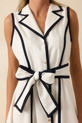 Prosperina Simone White & Navy Contrast Linen Blend Midi Dress