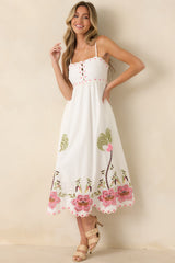 Pink Paradise White Multi Floral Embroidered Cotton Midi Dress