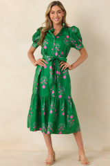 Free To Fly Green Cotton Floral Button Front Midi Dress