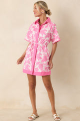 Pretty Impressive Pink & Ivory Floral Cotton Linen Mini Shirt Dress