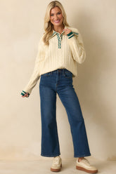 Alpine Afternoon Ivory Cable Knit Contrast Trim Collared Sweater