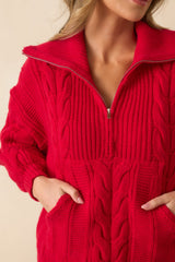 Day After Day Red Cable Knit Quarter Zip Pullover Sweater