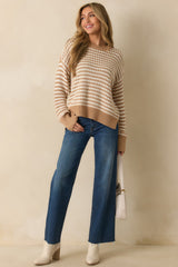 Ready Or Not Camel Brown Geometric Knit Long Sleeve Sweater