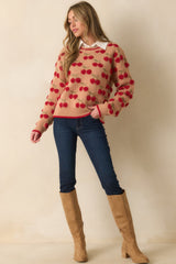 Tell It Like It Is Camel Brown Cherry Knit Long Sleeve Sweater