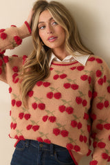 Tell It Like It Is Camel Brown Cherry Knit Long Sleeve Sweater