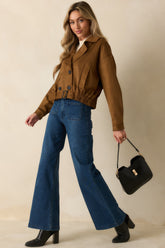 Soft Focus Camel Brown Faux Suede Cropped Trench Coat
