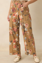 Gathering Roses Camel Floral Wide Leg Pants