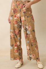 Gathering Roses Camel Floral Wide Leg Pants