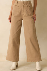 Set For The Day Camel Cotton Scalloped Wide Leg Pants