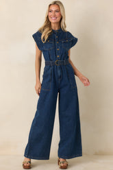 In the Fun Way Dark Wash Cotton Denim Belted Jumpsuit