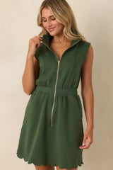 Zip Through the Day Green Zip Front Scalloped Hem Mini Dress