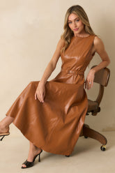 End Of Discussion Caramel Brown Faux Leather Belted Maxi Dress
