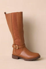 Staying Put Caramel Brown Faux Leather Knee High Riding Boots