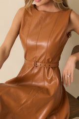 End Of Discussion Caramel Brown Faux Leather Belted Maxi Dress