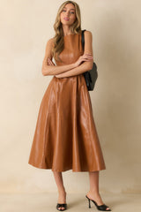 End Of Discussion Caramel Brown Faux Leather Belted Maxi Dress