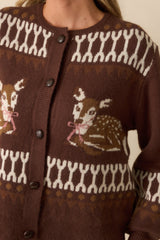 Doe Eyes Brown Deer Multi Print Crewneck Button Up Cardigan