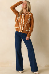 Settling In Caramel Brown Floral Embroidered Button Front Cardigan