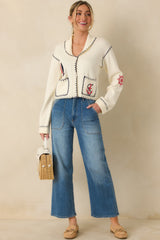Knot Your Average Ivory Multi Knit Contrast Stitch Cardigan Sweater