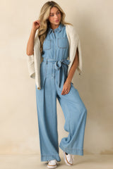 Best Foot Forward Blue Chambray Sleeveless Jumpsuit
