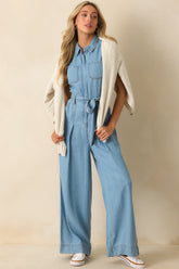 Best Foot Forward Blue Chambray Sleeveless Jumpsuit