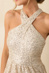 Always On Point Champagne Sequin Halter Maxi Dress