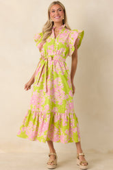 Fresh Air Floral Chartreuse & Pink Floral Cotton Eyelet Midi Dress