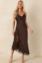 Just Like in the Movies Chocolate Satin Lace Slip Midi Dress