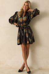 Rustic Romance Dark Brown Multi Floral Print Belted Mini Dress